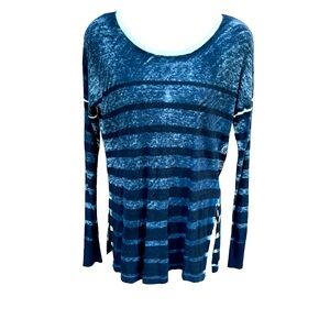 KOKUN overdye stripe denim navy scoop neck cashmere & bamboo sweater, S, NWT